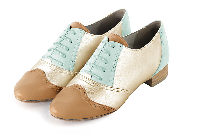 Camel beige, gold and aquamarine blue women's fashion lace-up shoes. Round toe. Flat leather soles. Front view - Florence KOOIJMAN